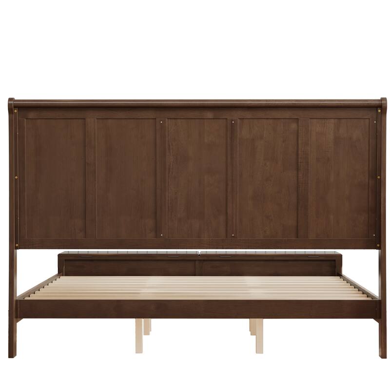 GDFStudio - Traditional Solid Wood Sleigh Bed Frame with High Paneled Headboard & Storage Chest Bench, No Box Spring Needed