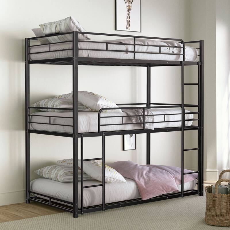 Contemporary Style Twin Over Full Bunk Bed Footboard Ladder Two Tone Design Metal Structure, Black - Black
