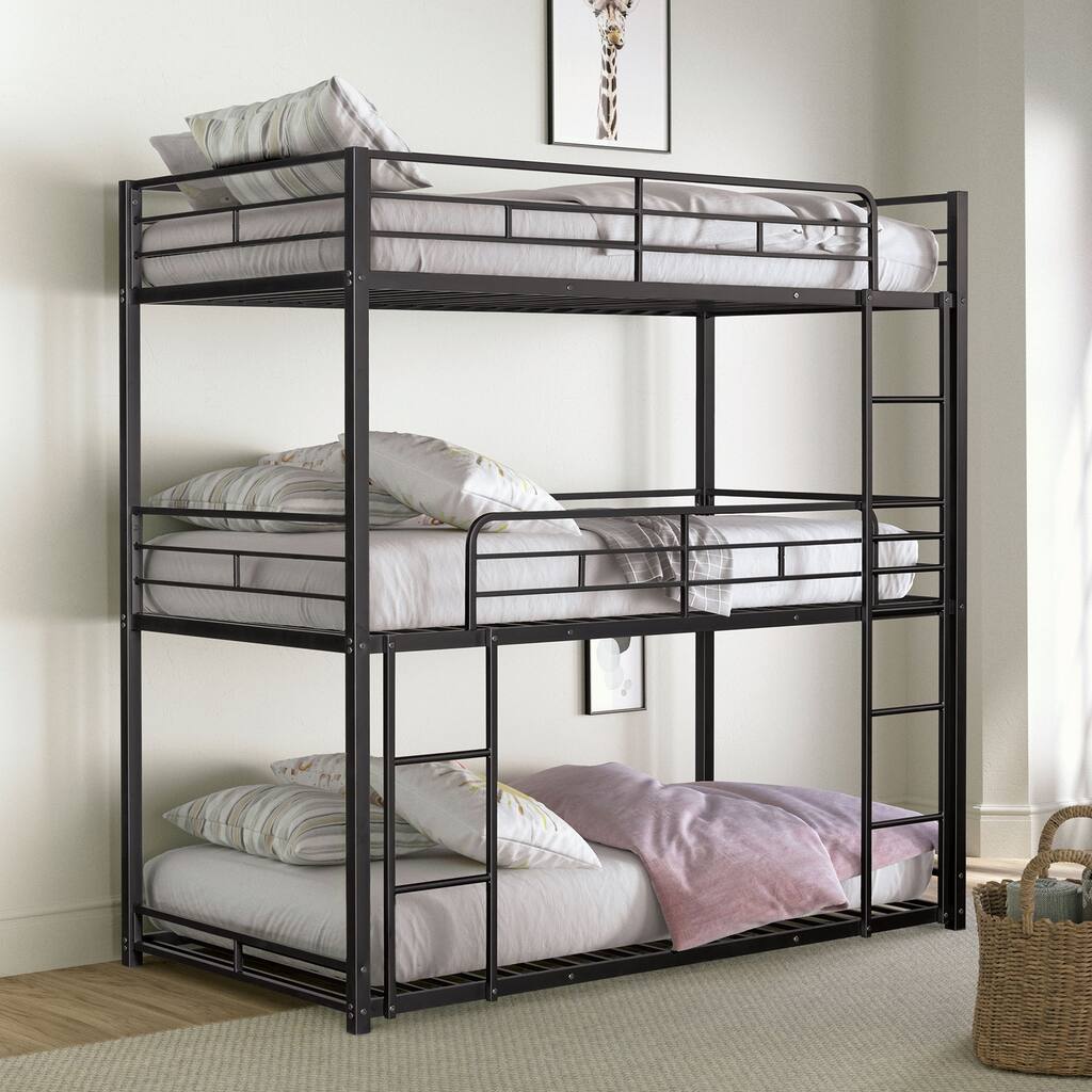 Contemporary Style Twin Over Full Bunk Bed Footboard Ladder Two Tone Design Metal Structure, Black