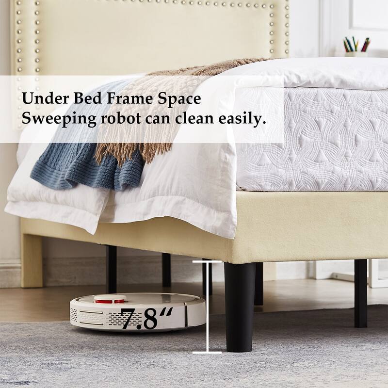 VECELO Beige Twin Size Platform Bed with Adjustable Headboard Teenager room Double Rivet Design 1/2/3 Piece Set Bed Frame