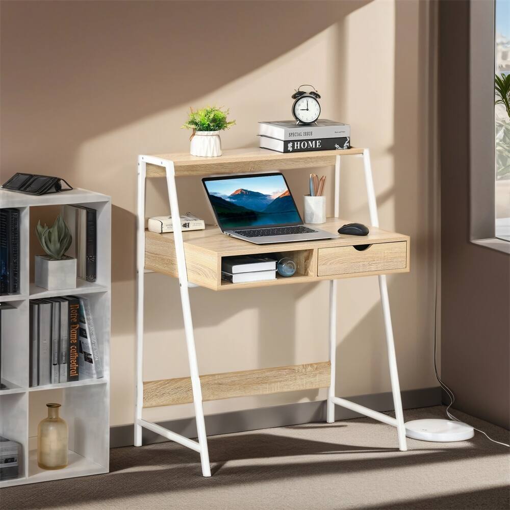 Computer Desk for Small Spaces, Writing Table with Drawer and Shelves