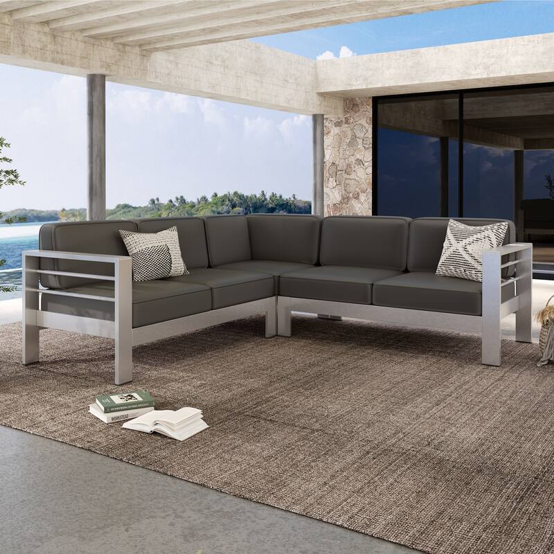 Christopher Knight Home - Ethan Outdoor V-Shaped Aluminum 4-Seat Sectional Sofa Set with Waterproof Cushion - Khaki,Silver+Grey