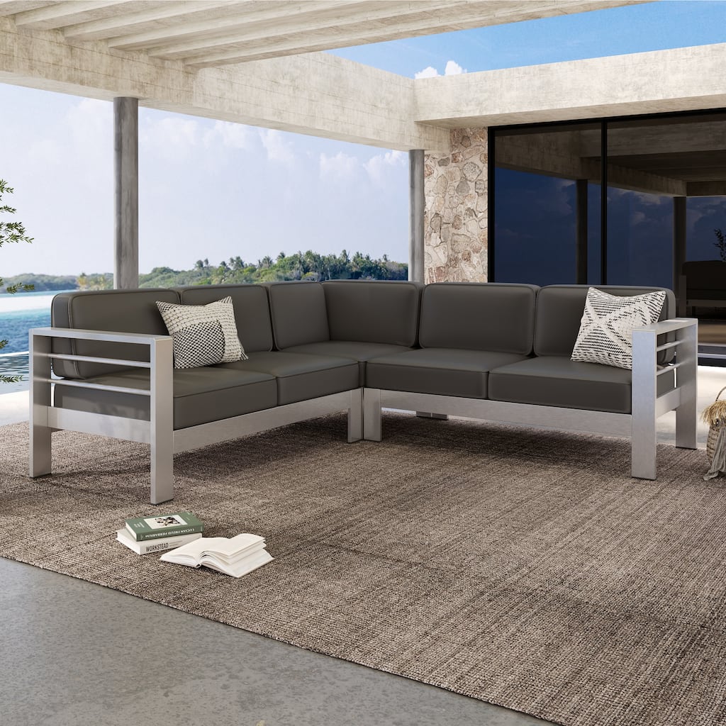 Christopher Knight Home - Ethan Outdoor V-Shaped Aluminum 4-Seat Sectional Sofa Set with Waterproof Cushion