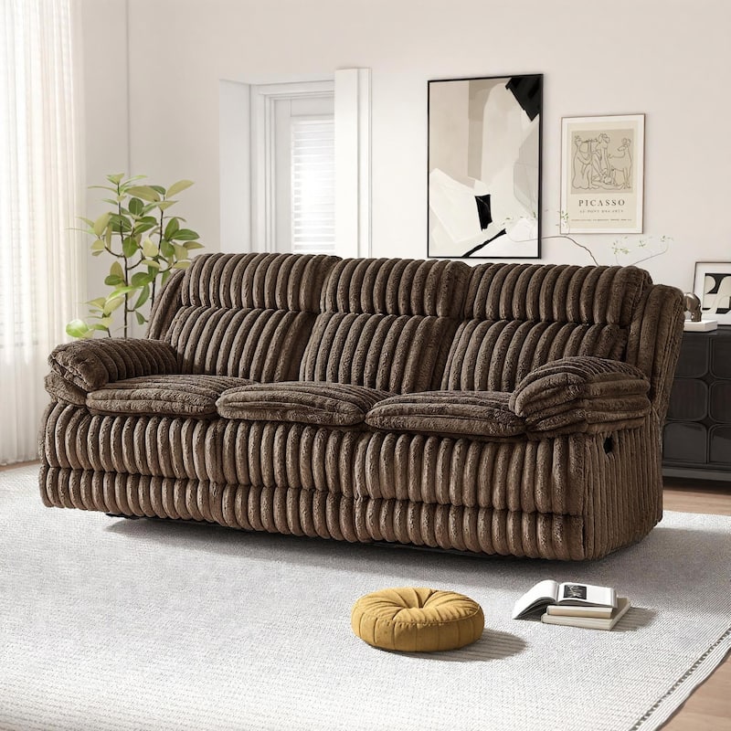Roundhill Furniture Ardello Manual Reclining Sofa with Wide-Wale Corduroy Upholstery and Built-In Power Center, Chocolate