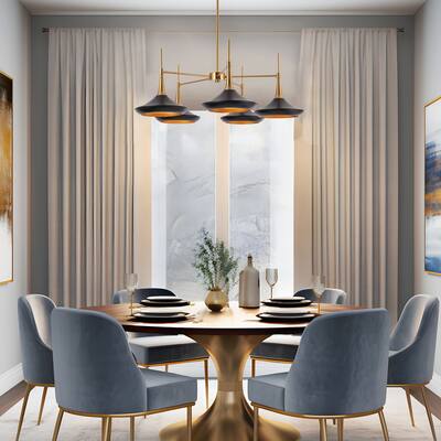 Conia Mid-Century Modern 5-Light 33" Black Gold Wagon Wheel Chandelier for Dining Room