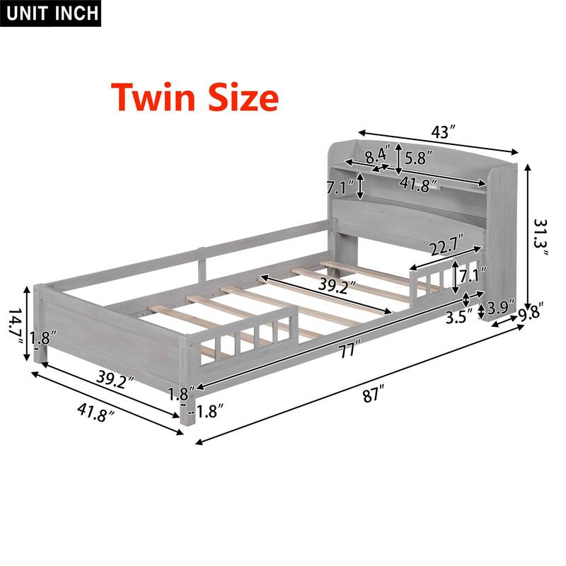 Platform Bed with Built-in LED Light, Storage Headboard and Guardrail