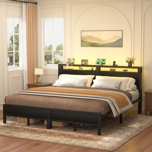 slide 2 of 96, Farmhouse Wood Platform Bed Frame with Charged Station and LED Lights Black - King