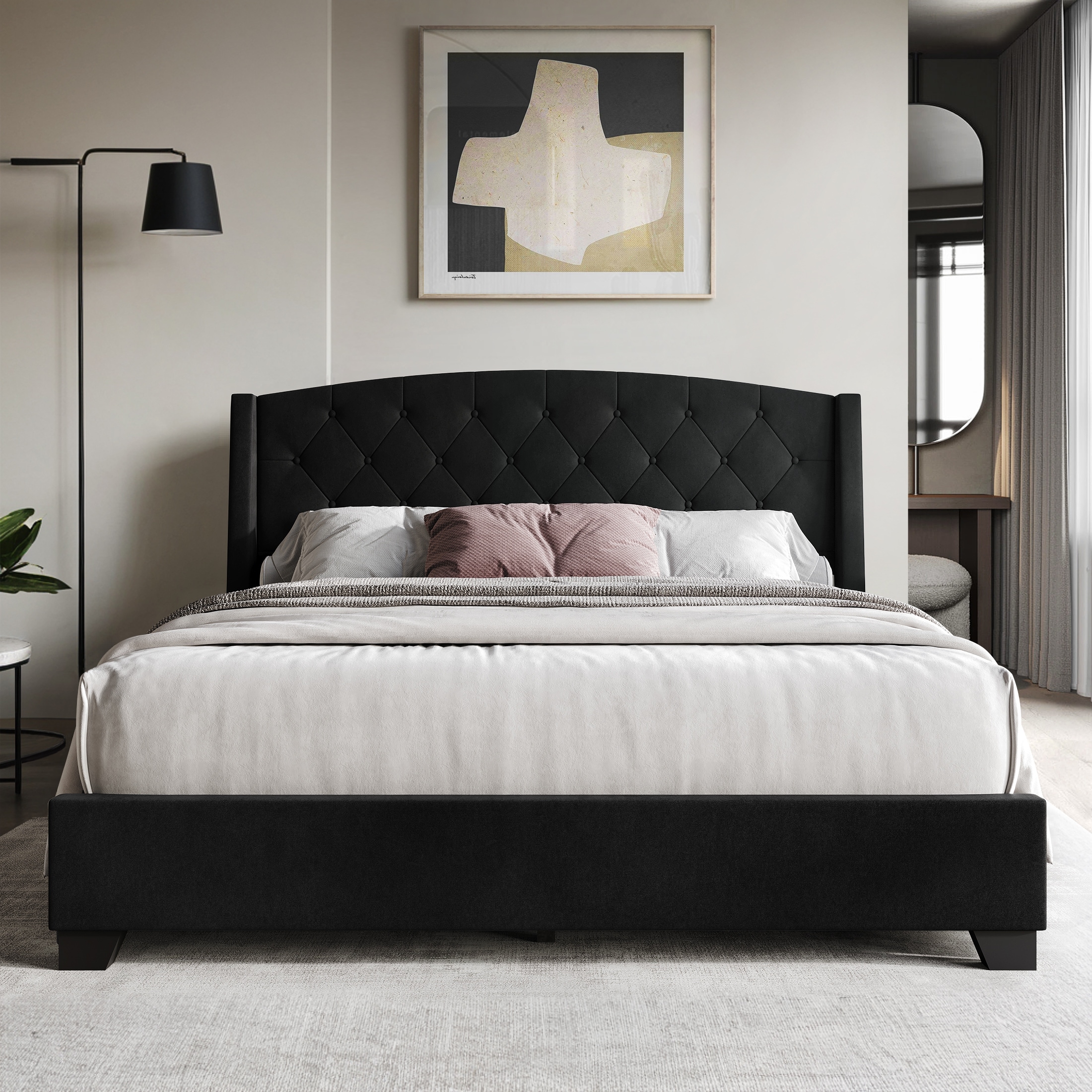 CraftPorch Classic Button Tufted Wingback Upholstered Bed with Drawers
