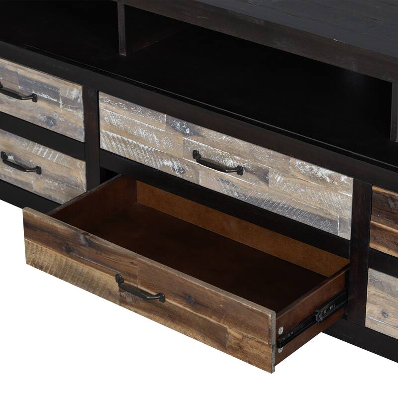 64" Distressed Wood TV Stand, 6 Drawer Storage & 3 Shelves, Cable Management - Farmhouse Style