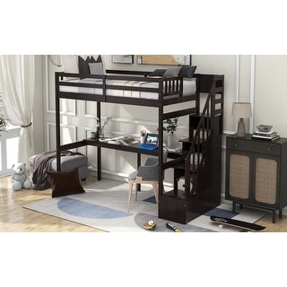 Twin Loft Bed with Storage Stairs & Built-In Desk - Safety Guardrails Included