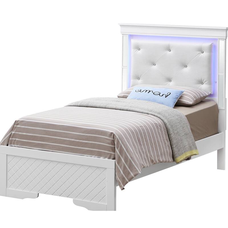 Jewel Tufted Mirrored Panel Twin Bed with LED Light - 80" - Silver