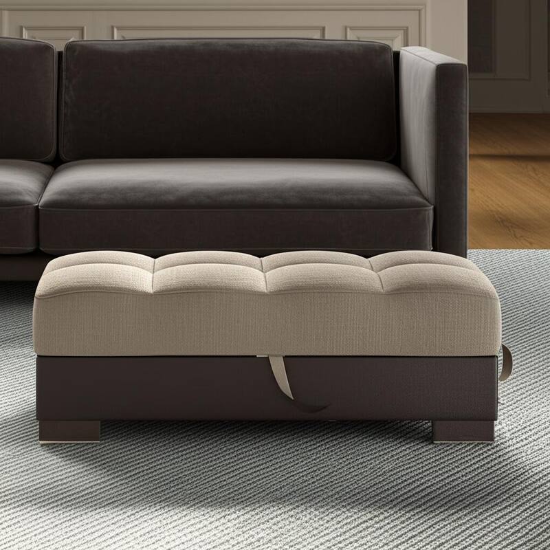 HomeRoots 52" Sand and Brown Chenille And Faux Leather Storage Ottoman - Brown/Sand - 52.00 in. x 18.50 in.  x 21.00 in.