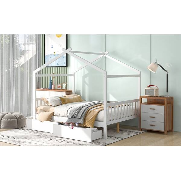 slide 2 of 34, Full House Platform Bed with Drawers, Headboard, and Roof Design Full White