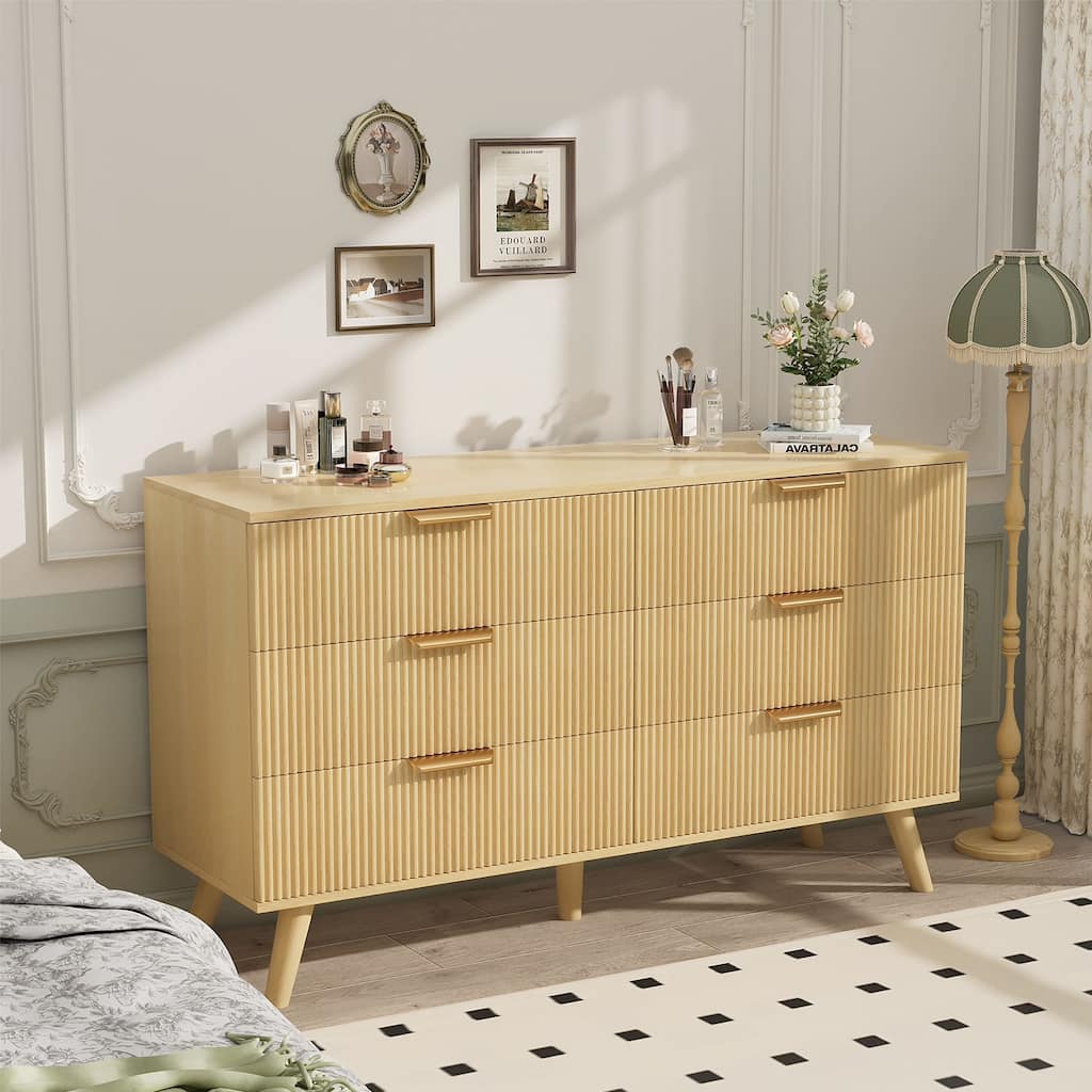 Gymojoy Fluted 6 Drawer Dresser with Gold Metal Handles, Modern Chest of Drawers for Living Room, Bedroom, Apartment
