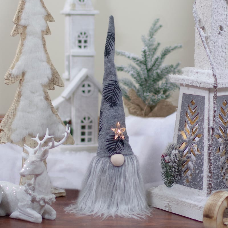 16 Gray Black Lighted Star Gnome with Palm Leaves Christmas Decoration