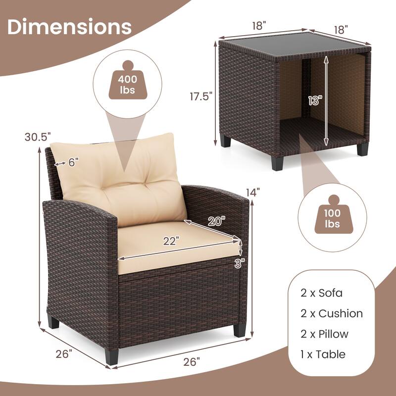 Gymax 3-Piece Patio Furniture Set PE Rattan Conversation Set w/ Glass