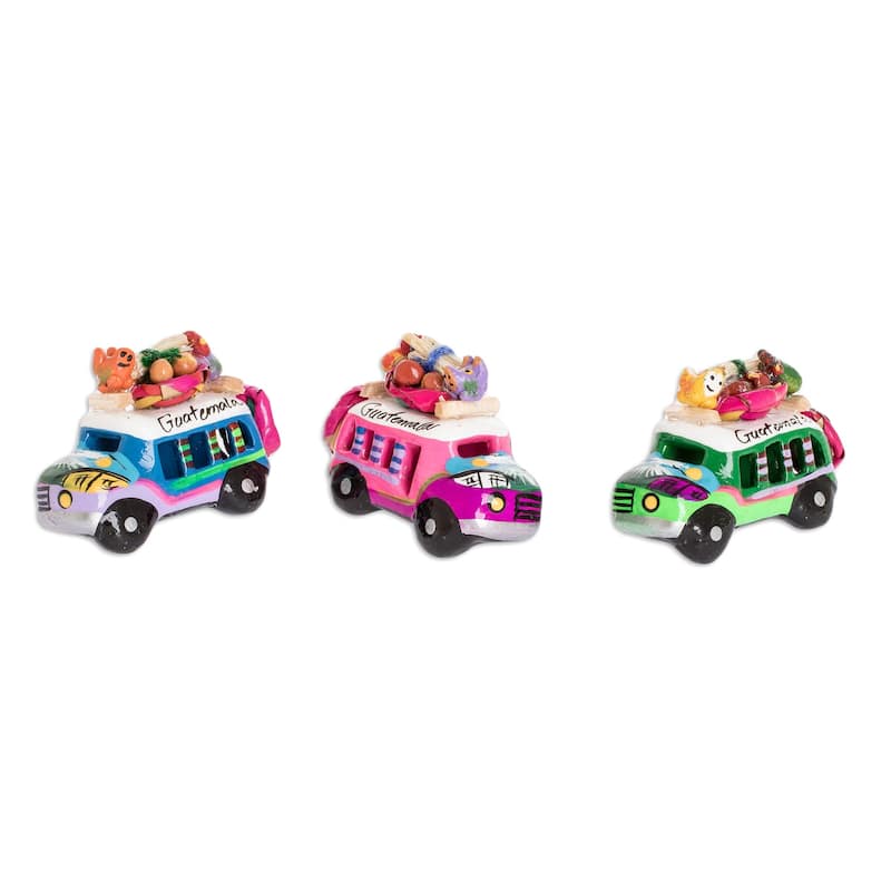 Novica Handmade Assorted Old-Time Buses Ceramic Magnets (Set Of 3)