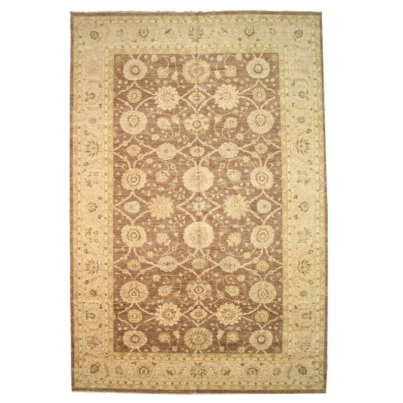 Brown Hand-Knotted Wool Traditional Peshawar Rug, 12'2 x 18'2, Elegant Luxury Floor Rug - L