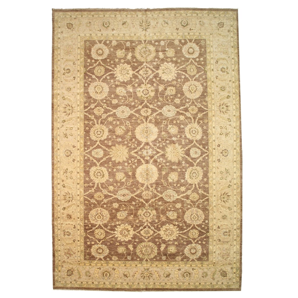 Brown Hand-Knotted Wool Traditional Peshawar Rug, 12'2 x 18'2, Elegant Luxury Floor Rug - L