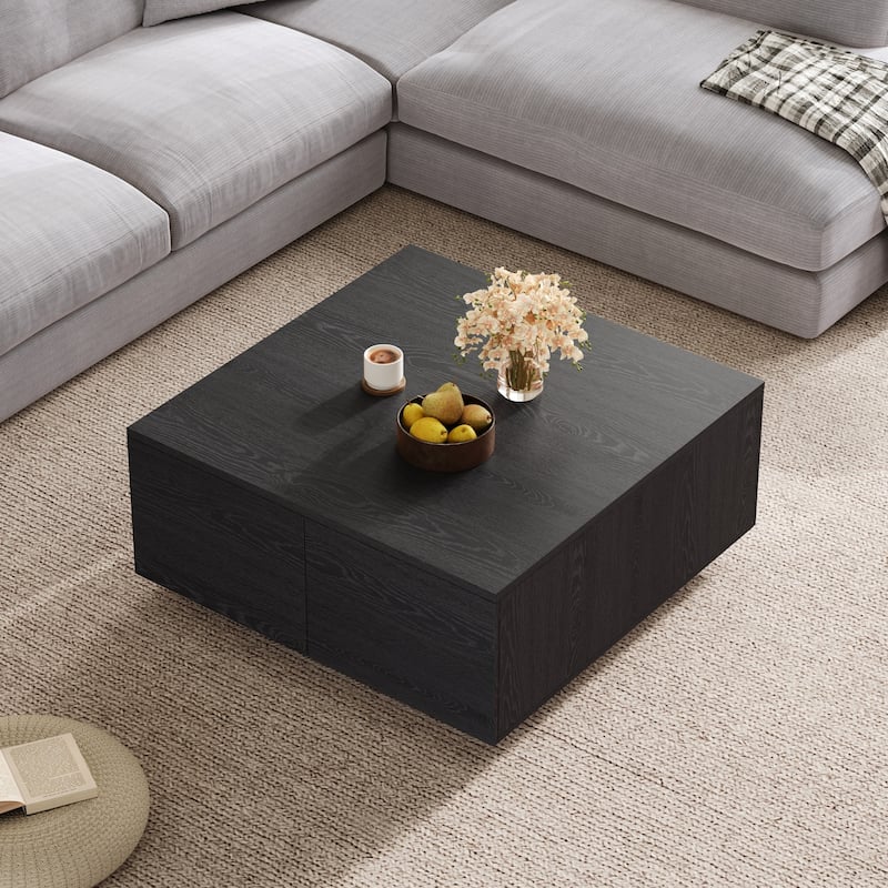 33.25" Square Coffee Table Featuring Four Drawers - Black
