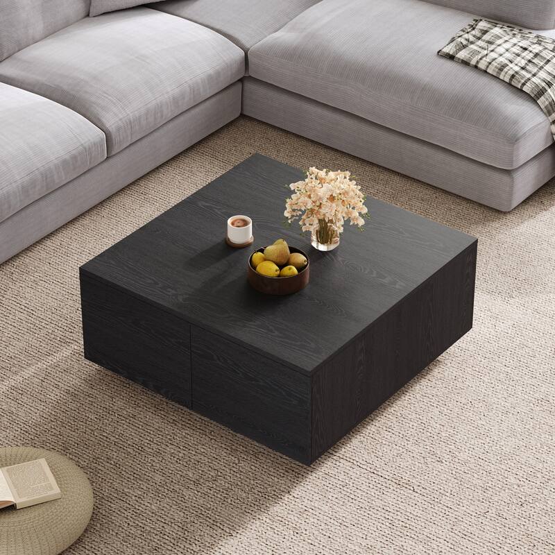 Roomfitters Square Coffee Table, Modern Wood Center Table with 4 Storage Compartments for Living Room