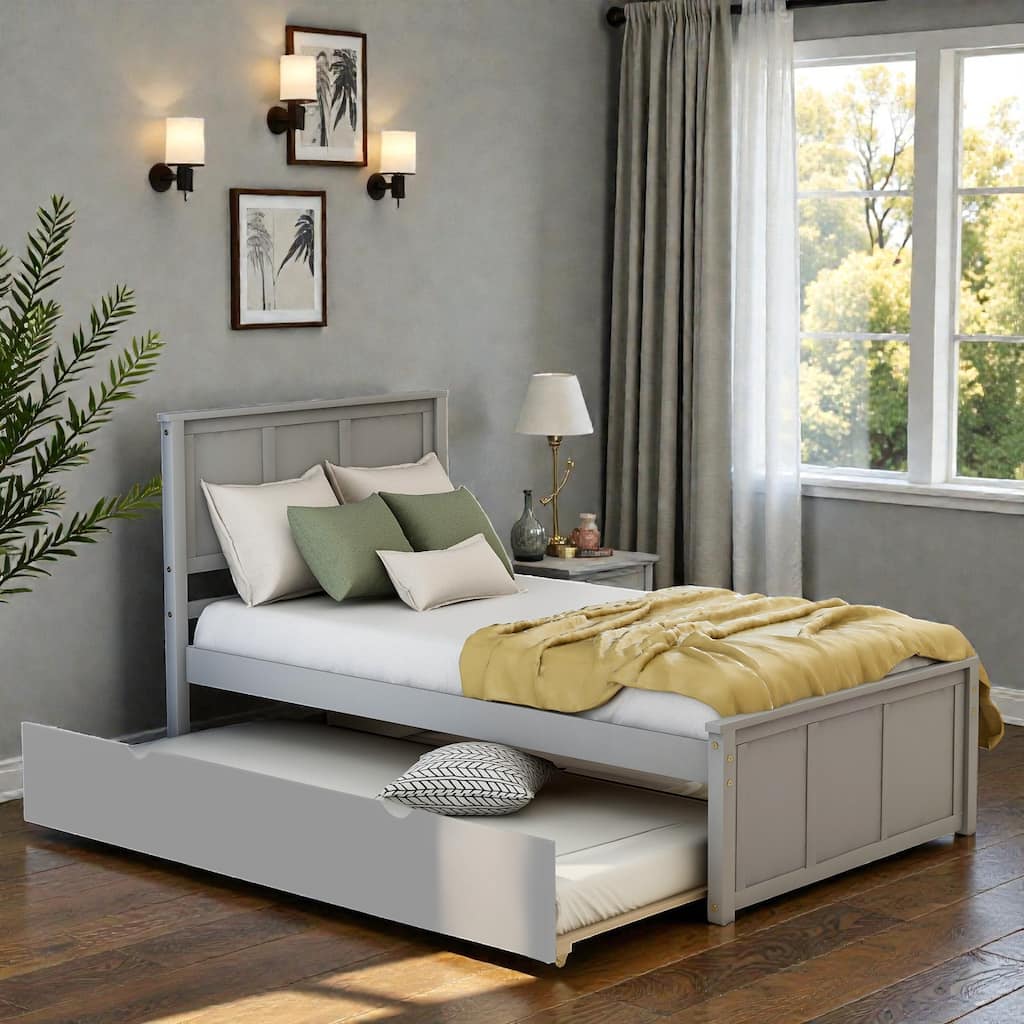 Twin Size Platform Bed with Trundle, Solid Wood Frame, Space-Saving Design, Pine & MDF Construction, No Box Spring Needed