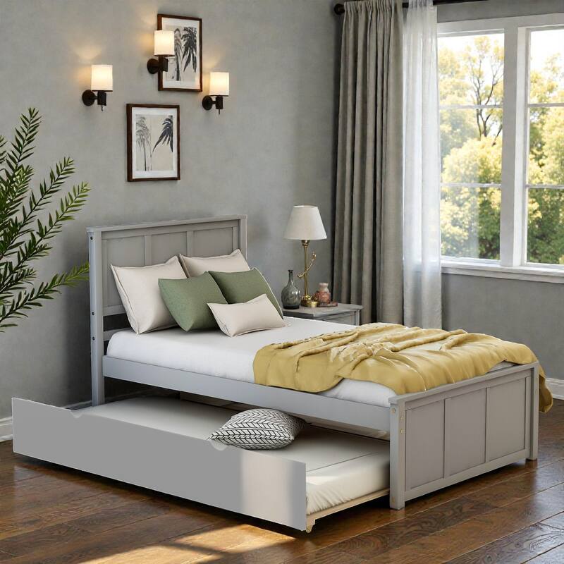 Twin Size Platform Bed with Trundle, Solid Wood Frame, Space-Saving Design, Pine & MDF Construction, No Box Spring Needed - Grey - Twin