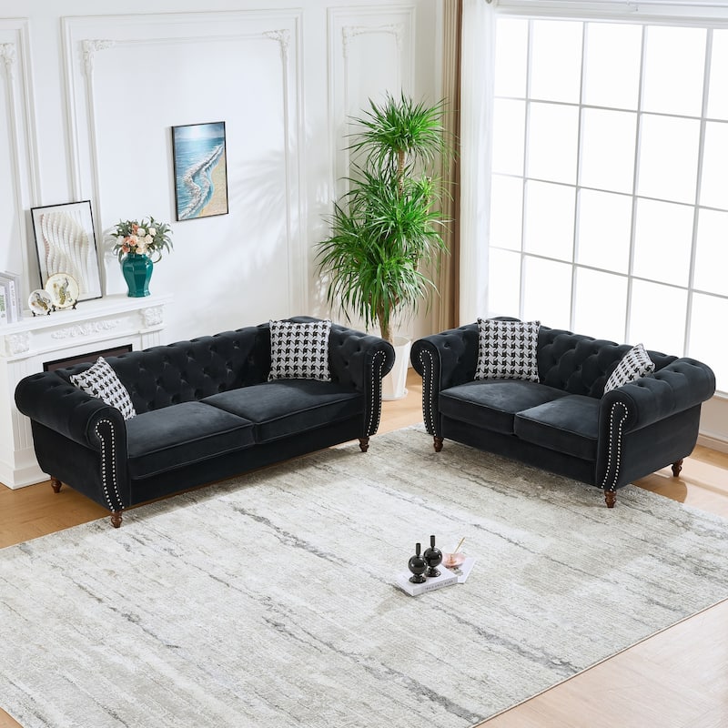 Velvet Chesterfield Sofa Set of 2 with Loveseat and 3 Seater Couch, Deep Seat Tufted Sofas with Nailhead Trim and Rolled Arms - Black