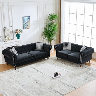 Velvet Chesterfield Sofa Set of 2 with Loveseat and 3 Seater Couch, Deep Seat Tufted Sofas with Nailhead Trim and Rolled Arms