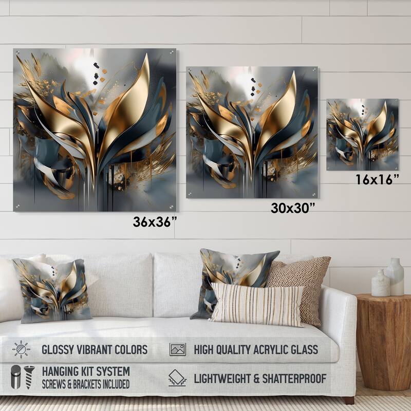 Designart "Abstract Shapes And Lines IV" Abstract Marble Gloss Wall Decor Gold - Modern Acrylic Wall Art For Living Room