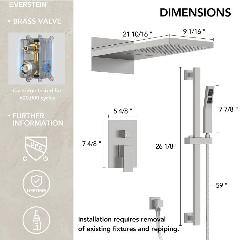 Dual-Function Wall Mounted Waterfall & Rainfall Shower Faucet Set With Rough-In Valve - 22"*10"