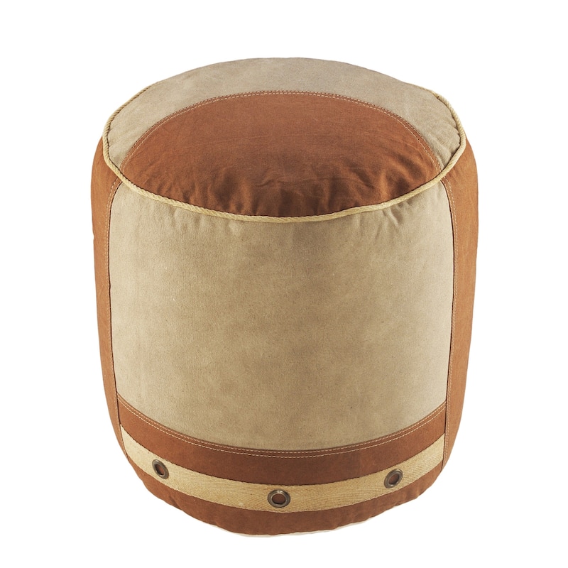 16-inch Tan Cotton Striped Pouf Ottoman for Living Room or Bedroom Decor - Tan