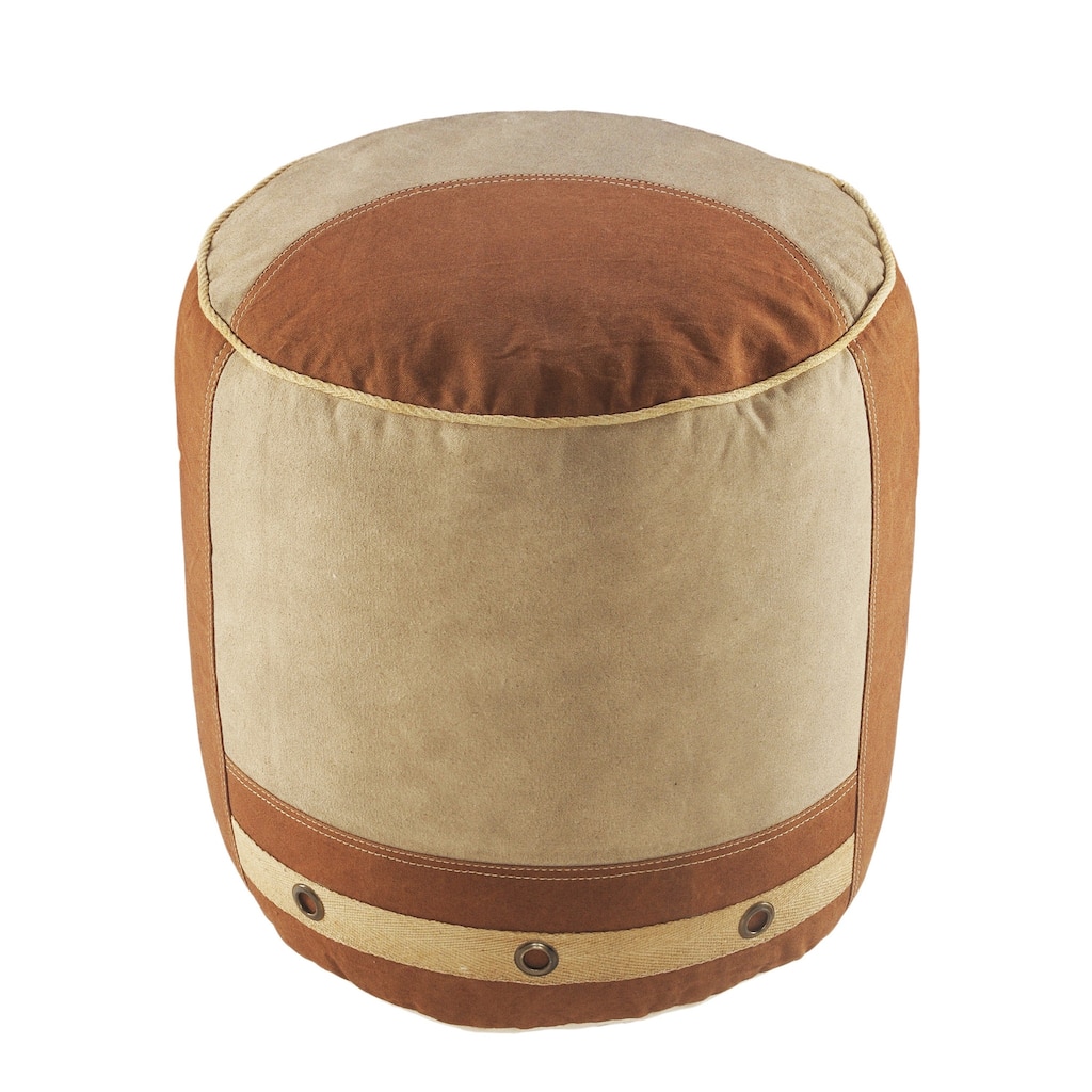 16-inch Tan Cotton Striped Pouf Ottoman for Living Room or Bedroom Decor