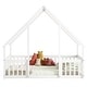 preview thumbnail 7 of 10, White Full Size Pine House-Shaped Floor Bed with Roof & Guardrails