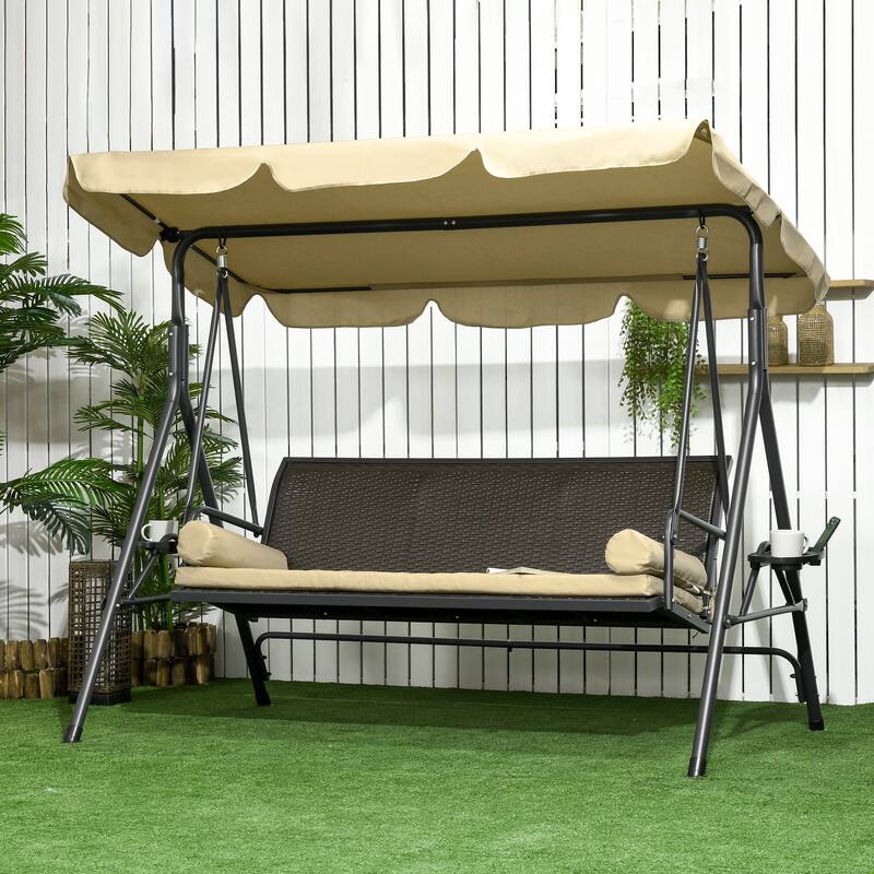 86.50 in. 3-Person Beige Metal Outdoor Patio Swing with Removable Cushion - beige