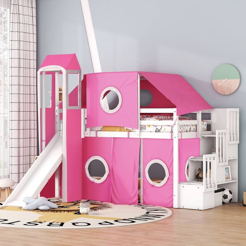 Twin Size Loft Bed with Slide, Tent and Tower