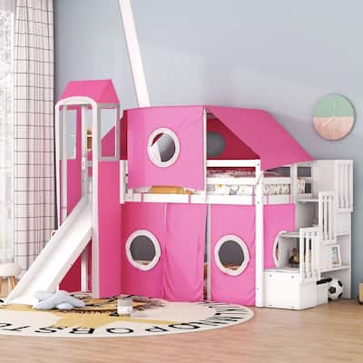Twin Size Loft Bed with Slide, Tent and Tower