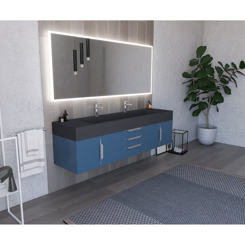 Nile 72" Wall Mounted Bathroom Vanity Set w/ Black Top