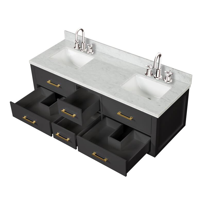 Lexora Castor Double Bath Vanity, Carrara Marble Top, Faucet Set, and Mirrors