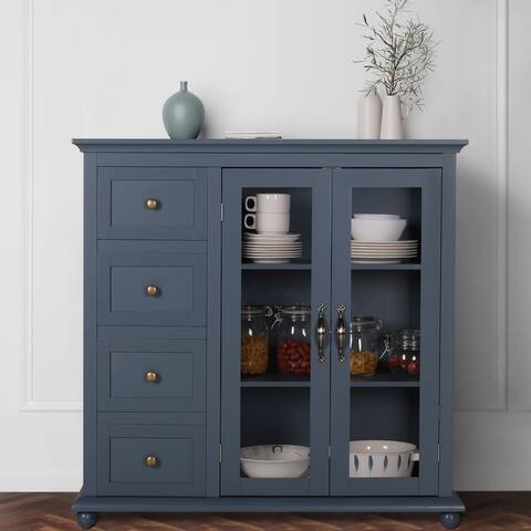 VEIKOUS Kitchen Buffet Sideboard Storage Cabinet with 2 Glass Doors and 4 Drawers