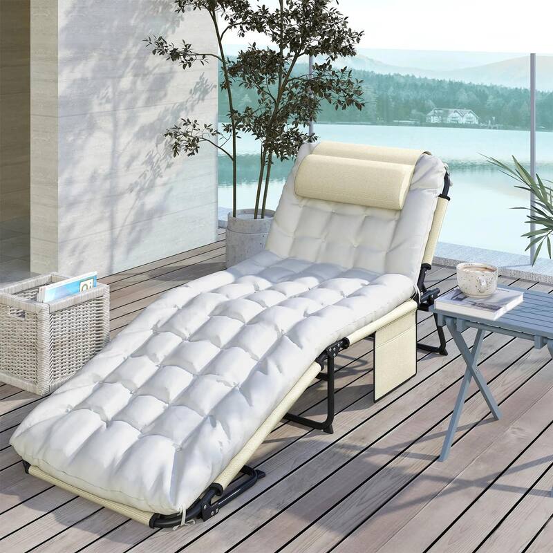 Folding Chaise Lounge Chair,4-Pos Recliner,Cushion,Pocket,Headrest