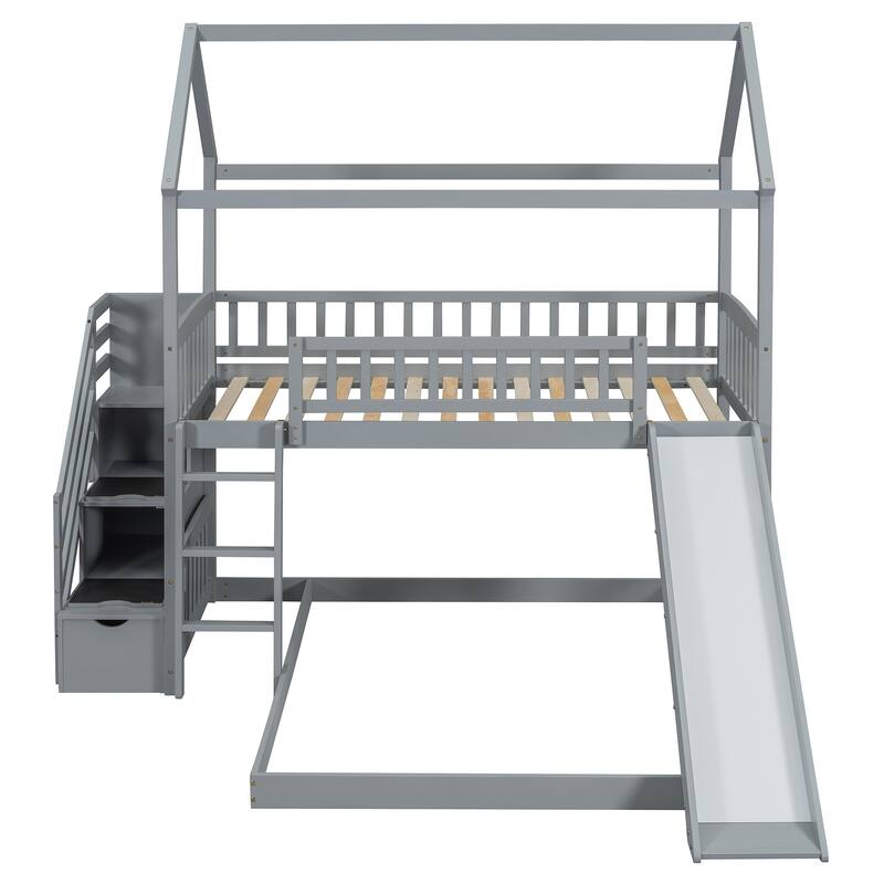 Twin Over Full Bunk Bed with Slide and Storage, Gray