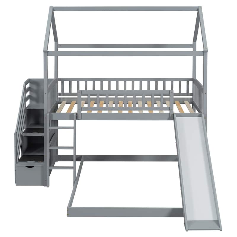 Twin over Twin Size Pine Wood Bunk Bed with Two Drawers and Slide for Kids