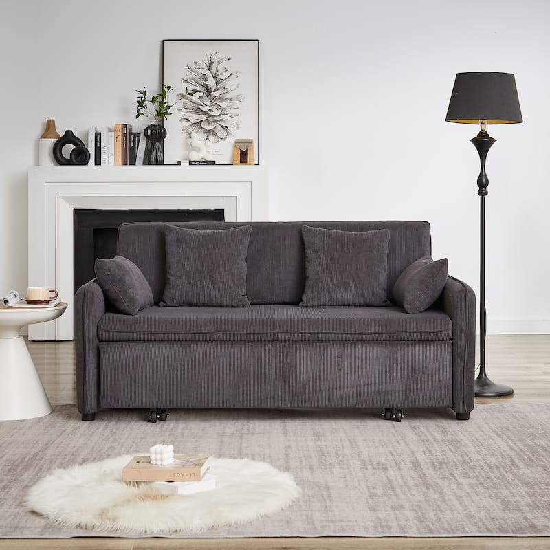 3-in-1 Pull Out Sleeper Sofa Bed, Convertible Corduroy Loveseat Couch with Casters, 4 Pillows and Side Pockets for Living Room