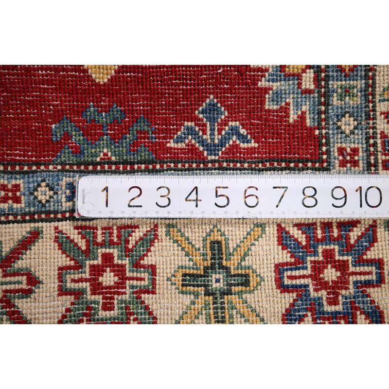 Red Geometric Kazak Oriental Foyer Rug Hand-Knotted Wool Carpet - 3'4" x 5'6"