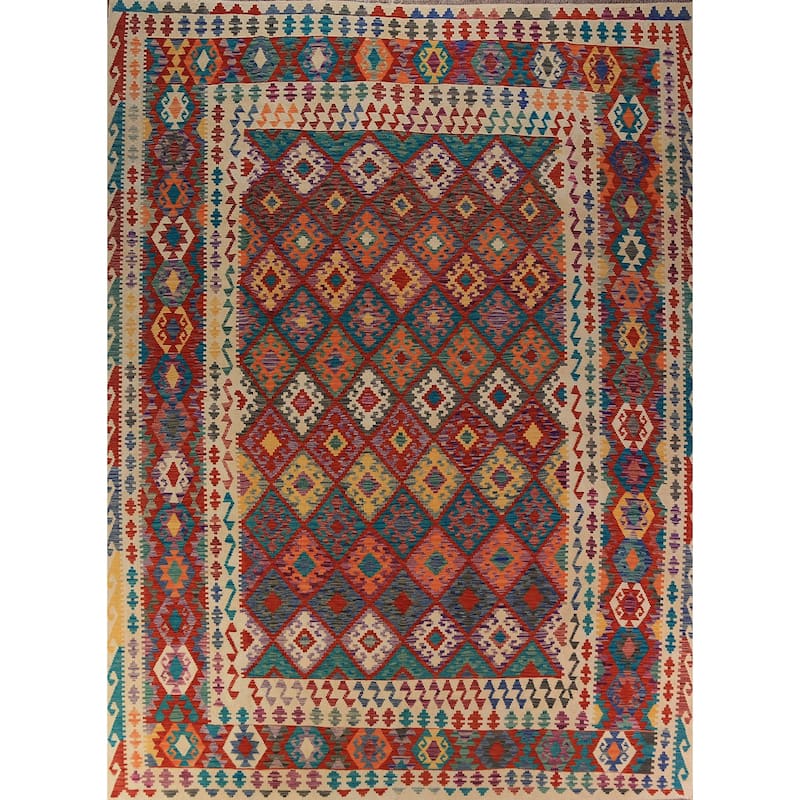 Geometric Trellis Kilim Oriental Area Rug Hand-Woven Wool Carpet - 10'5"x 13'0"