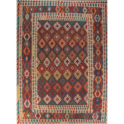 Geometric Trellis Kilim Oriental Area Rug Hand-Woven Wool Carpet - 10'5"x 13'0"