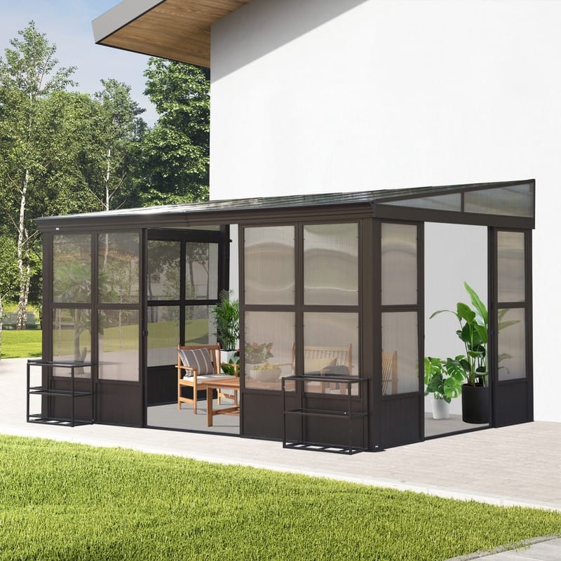 Domi Wall-Mounted Sunroom with Sloped PC Roof and Lockable Sliding Doors