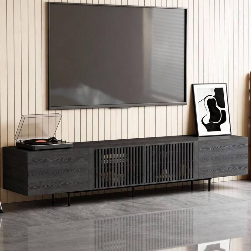 94.48 Inch Extra Long Black TV Stand with Slatted Doors, Modern Entertainment Center for TVs up to 100 Inches,