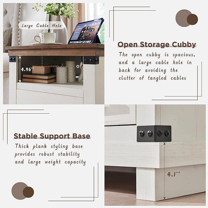18" Farmhouse Nightstand with Charging Station, Night Stand, End Table